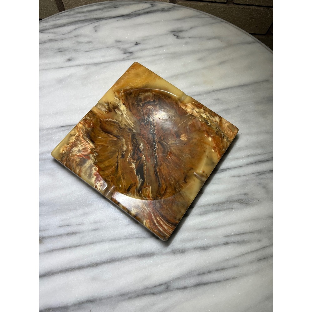 Vintage Onyx Stone Ashtray Square Natural Marble Amber Brown Mid Century Decor
